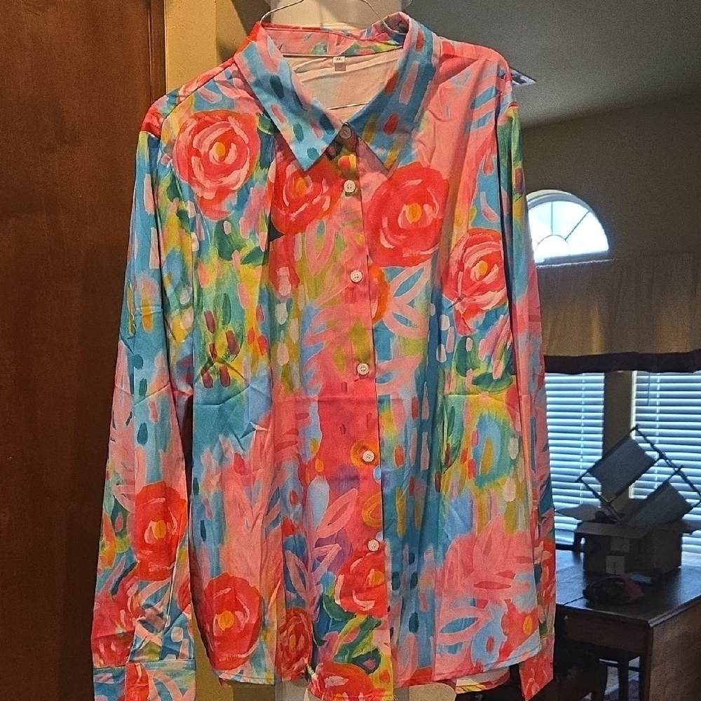 SHEIN Vibrant Floral Button-Up Shirt Size 3X